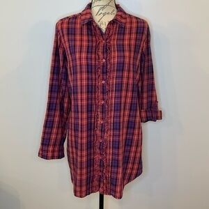 Betsey Johnson Intimates cotton flannel plaid ruffle roll tab sleep shirt M